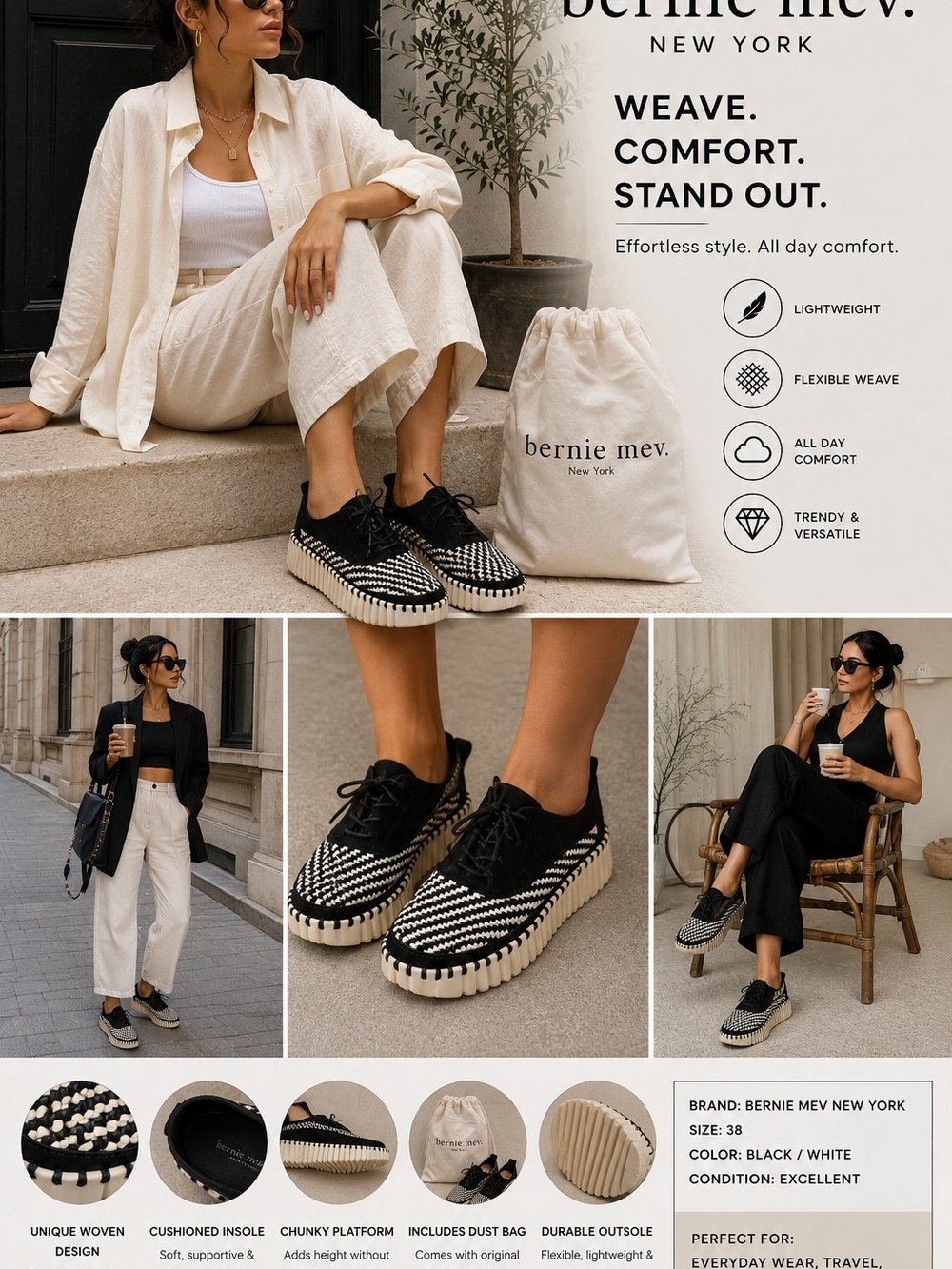 Bernie Mev NY Black & White Woven Platform Oxfords | Chunky Comfort Size 38